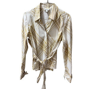 Coldwater Creek L Silk Blend Tie Front Blouse Gold/Brn Wide Plaid Elegant Luxury